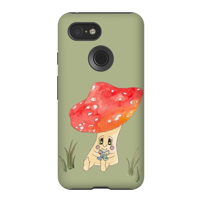 Pixel 3 StrongFit Cute Watercolour Mushroom Reading 4 by ECMazur 