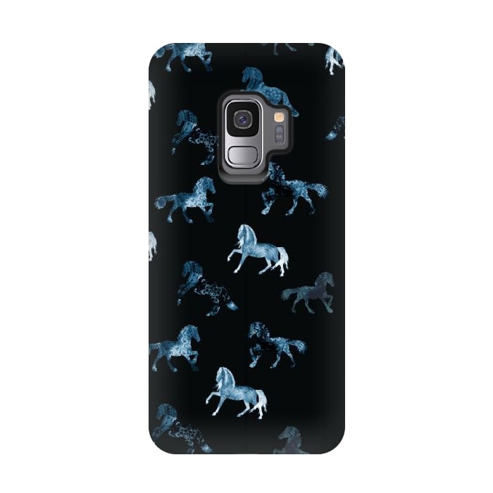 Galaxy S9 StrongFit Horse pattern - blue watercolor horses  by Oana 