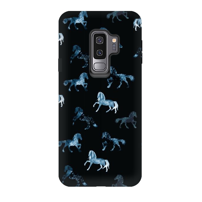 Galaxy S9 plus StrongFit Horse pattern - blue watercolor horses  by Oana 