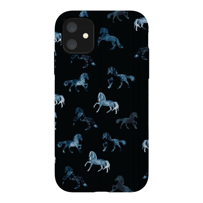 iPhone 11 StrongFit Horse pattern - blue watercolor horses  by Oana 