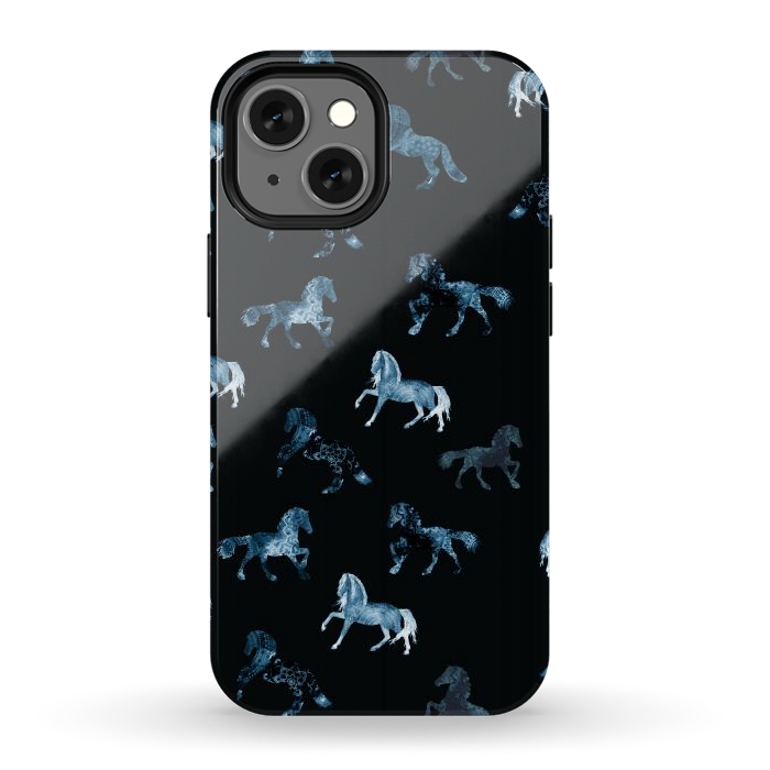 iPhone 12 mini StrongFit Horse pattern - blue watercolor horses  by Oana 