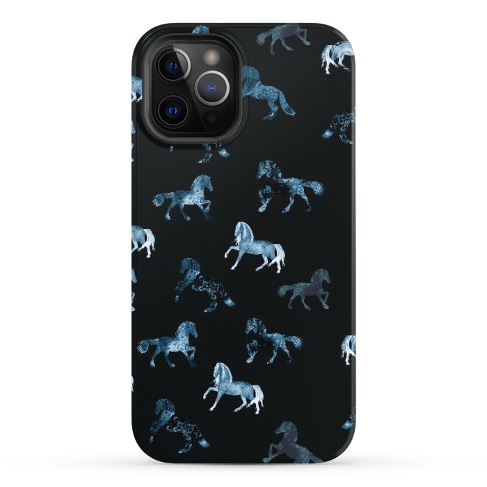 iPhone 12 Pro StrongFit Horse pattern - blue watercolor horses  by Oana 