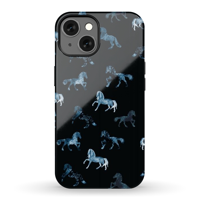 iPhone 13 StrongFit Horse pattern - blue watercolor horses  by Oana 