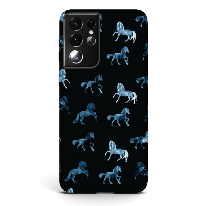 Galaxy S21 ultra StrongFit Horse pattern - blue watercolor horses  by Oana 