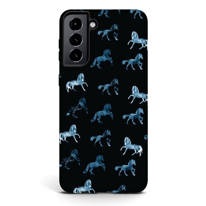 Galaxy S21 plus StrongFit Horse pattern - blue watercolor horses  by Oana 
