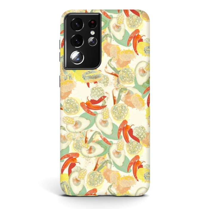 Galaxy S21 ultra StrongFit Colorful exotic fruits and chili - tropical fruit pattern por Oana 