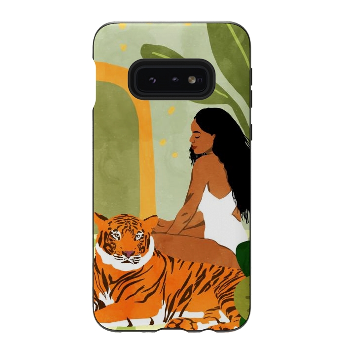 Galaxy S10e StrongFit Just You & Me | Tiger Urban Jungle Friendship | Wild Cat Bohemian Black Woman with Pet by Uma Prabhakar Gokhale
