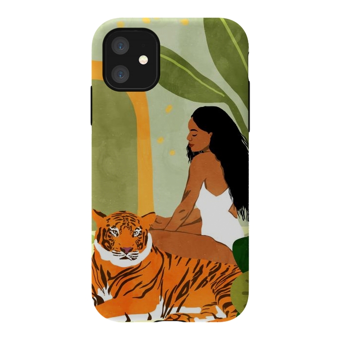 iPhone 11 StrongFit Just You & Me | Tiger Urban Jungle Friendship | Wild Cat Bohemian Black Woman with Pet by Uma Prabhakar Gokhale