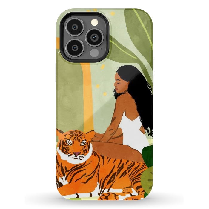 iPhone 13 Pro Max StrongFit Just You & Me | Tiger Urban Jungle Friendship | Wild Cat Bohemian Black Woman with Pet by Uma Prabhakar Gokhale