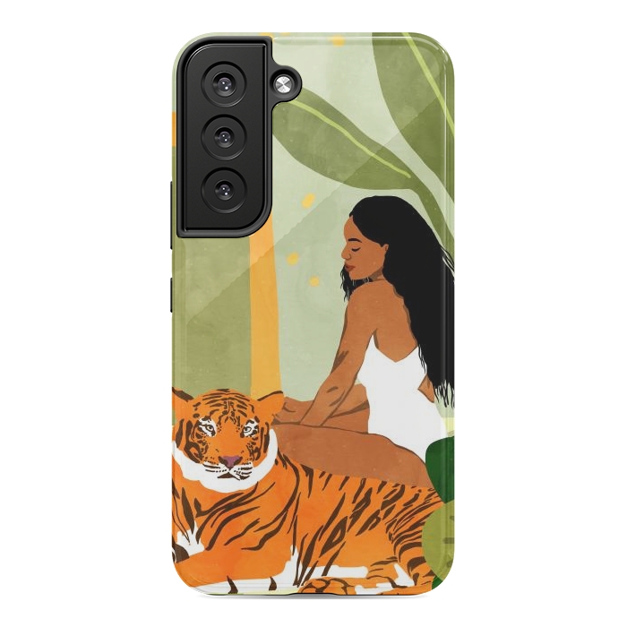 Galaxy S22 StrongFit Just You & Me | Tiger Urban Jungle Friendship | Wild Cat Bohemian Black Woman with Pet by Uma Prabhakar Gokhale