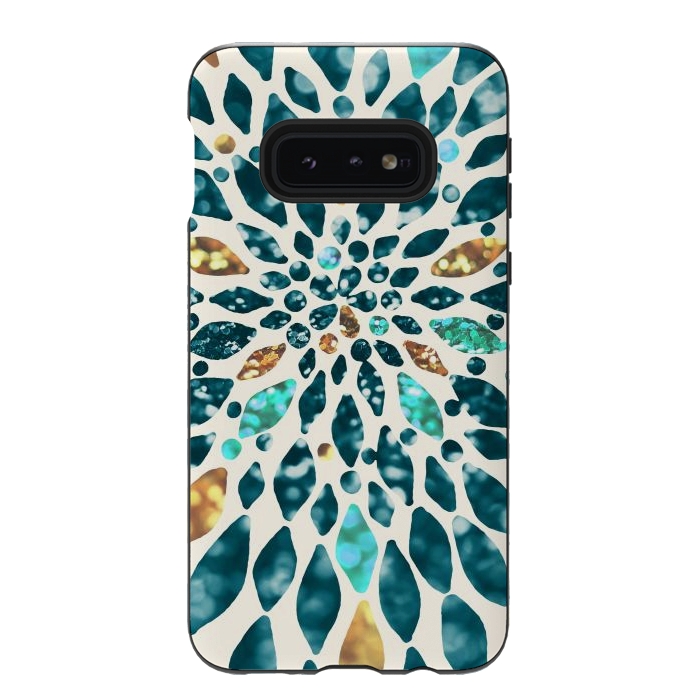 Galaxy S10e StrongFit Glitter Dahlia in Gold, Aqua and Ocean Green by Tangerine-Tane
