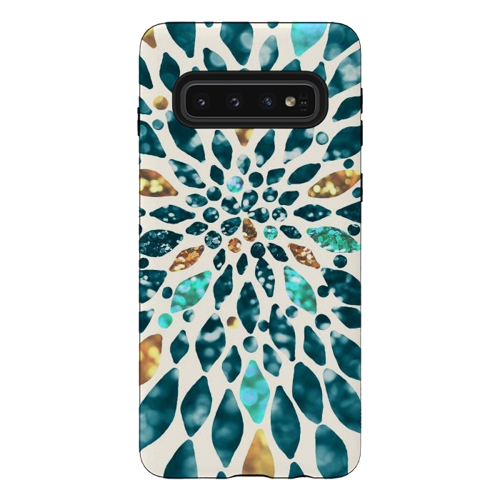 Galaxy S10 StrongFit Glitter Dahlia in Gold, Aqua and Ocean Green by Tangerine-Tane