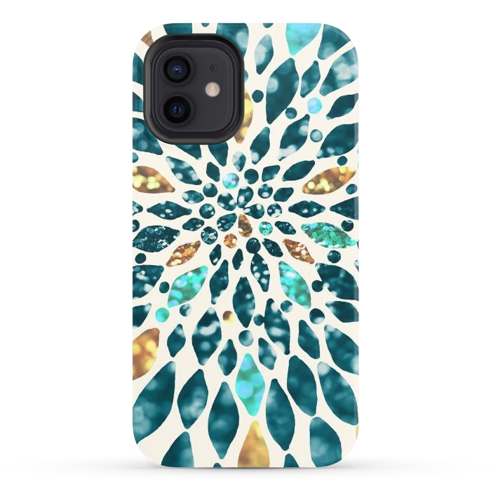 iPhone 12 StrongFit Glitter Dahlia in Gold, Aqua and Ocean Green by Tangerine-Tane