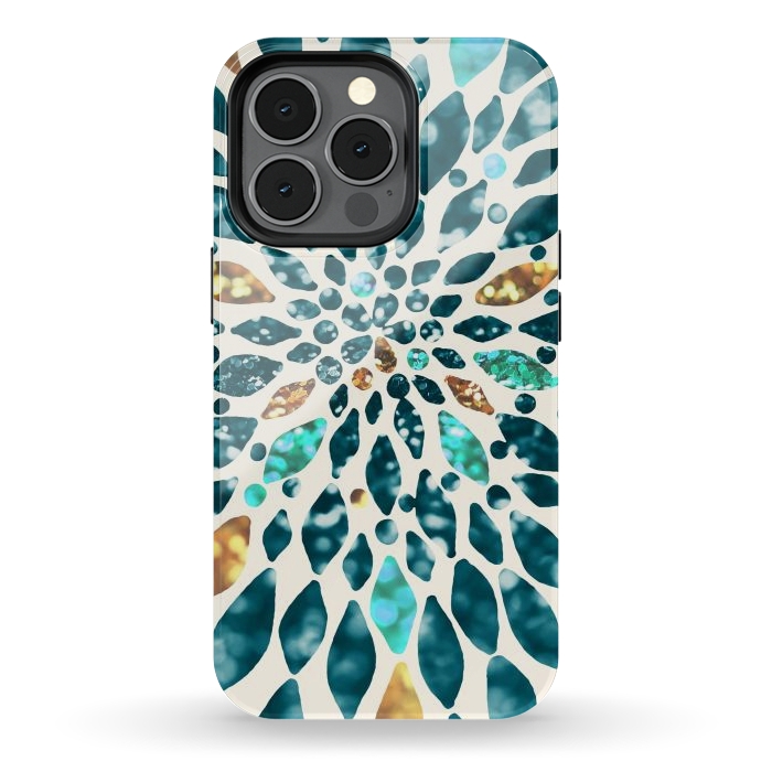 iPhone 13 pro StrongFit Glitter Dahlia in Gold, Aqua and Ocean Green by Tangerine-Tane