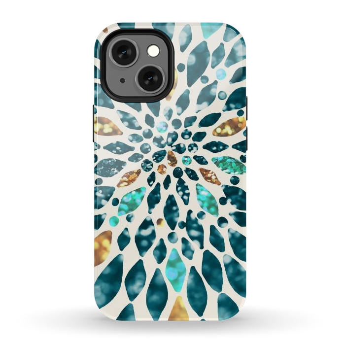 iPhone 13 mini StrongFit Glitter Dahlia in Gold, Aqua and Ocean Green by Tangerine-Tane