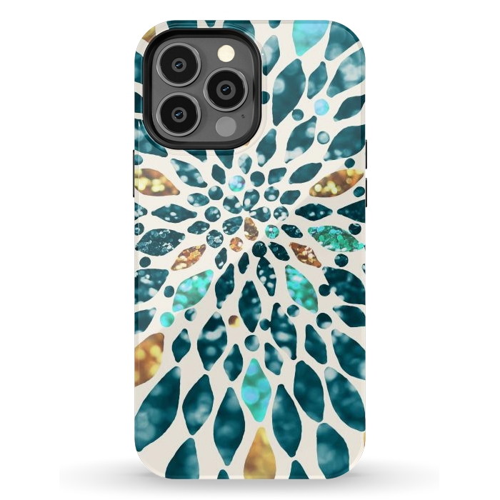 iPhone 13 Pro Max StrongFit Glitter Dahlia in Gold, Aqua and Ocean Green by Tangerine-Tane