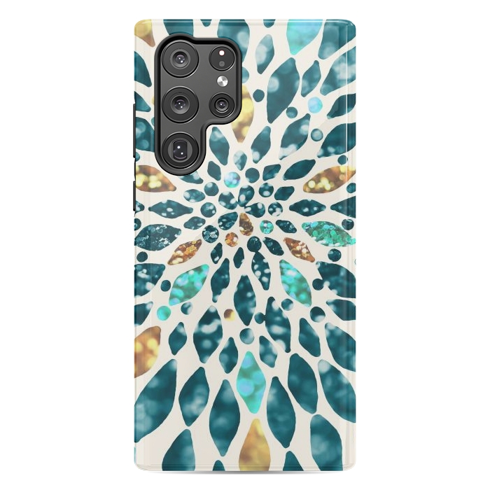 Galaxy S22 Ultra StrongFit Glitter Dahlia in Gold, Aqua and Ocean Green by Tangerine-Tane