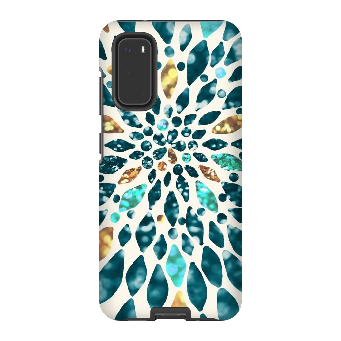 Galaxy S20 StrongFit Glitter Dahlia in Gold, Aqua and Ocean Green by Tangerine-Tane