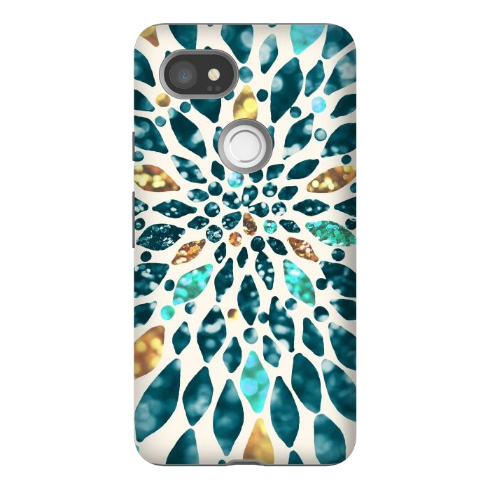 Pixel 2XL StrongFit Glitter Dahlia in Gold, Aqua and Ocean Green by Tangerine-Tane