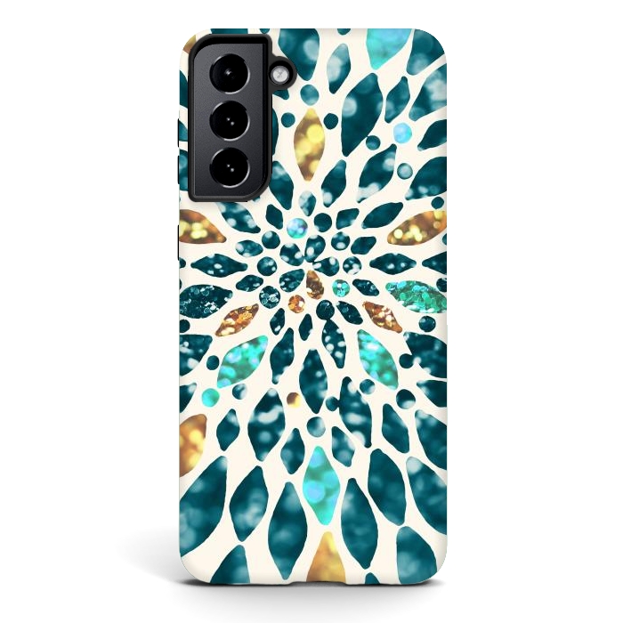 Galaxy S21 StrongFit Glitter Dahlia in Gold, Aqua and Ocean Green by Tangerine-Tane