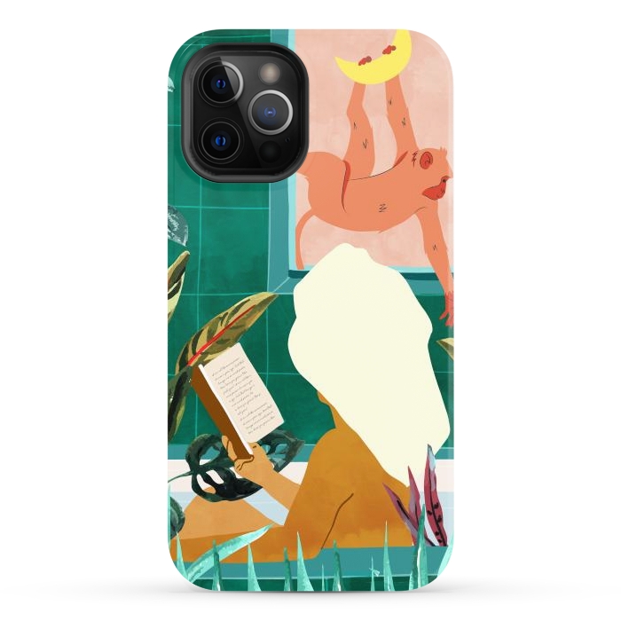iPhone 12 Pro Max StrongFit Urban Jungle Bath | Tropical Modern Bohemian Woman Bathtub | Pet Monkey Wild Animals Moon Watercolor by Uma Prabhakar Gokhale