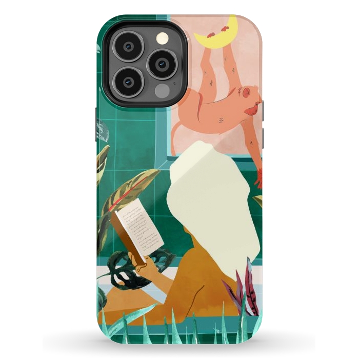 iPhone 13 Pro Max StrongFit Urban Jungle Bath | Tropical Modern Bohemian Woman Bathtub | Pet Monkey Wild Animals Moon Watercolor by Uma Prabhakar Gokhale