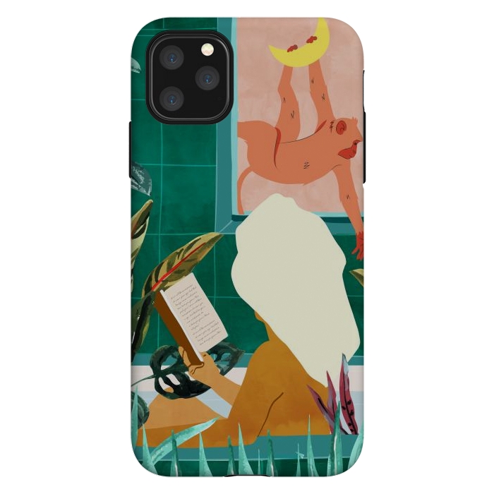 iPhone 11 Pro Max StrongFit Urban Jungle Bath | Tropical Modern Bohemian Woman Bathtub | Pet Monkey Wild Animals Moon Watercolor by Uma Prabhakar Gokhale