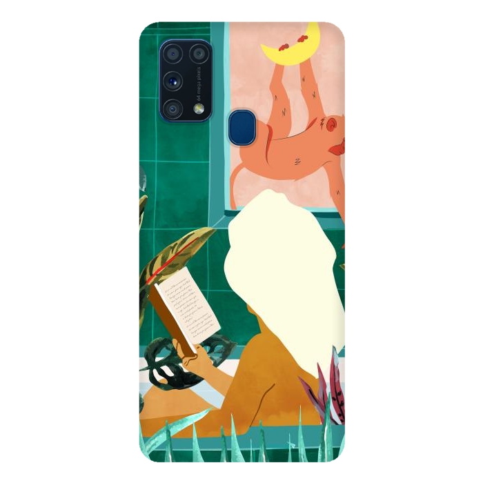 Galaxy M31 SlimFit Urban Jungle Bath | Tropical Modern Bohemian Woman Bathtub | Pet Monkey Wild Animals Moon Watercolor por Uma Prabhakar Gokhale