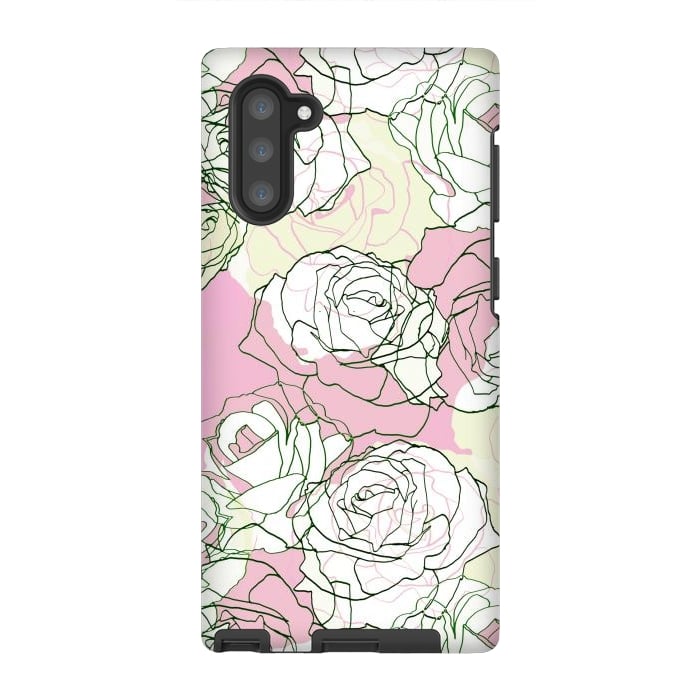Galaxy Note 10 StrongFit Pink beige line art roses by Oana 