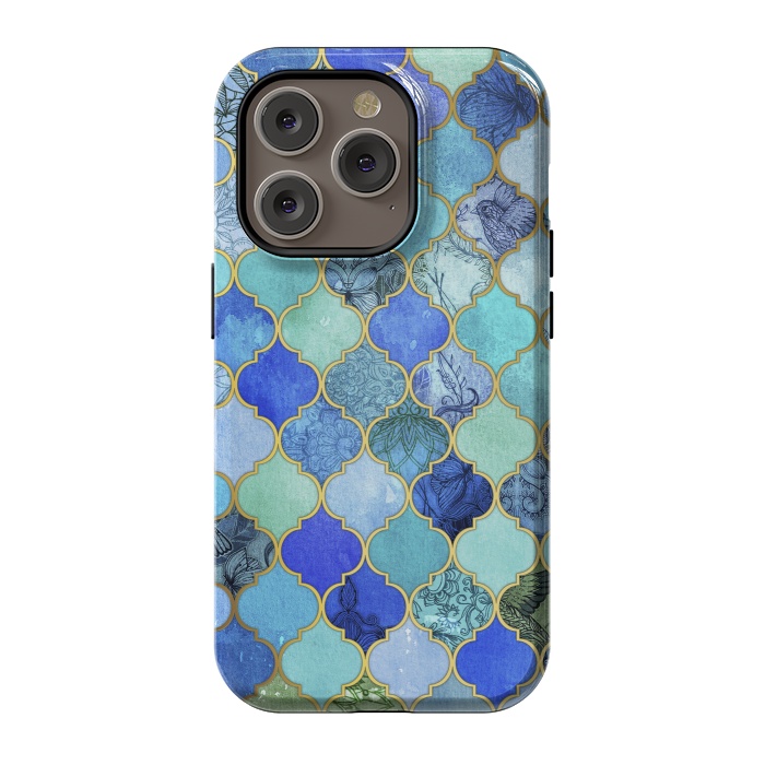 iPhone 14 Pro StrongFit Cobalt Blue Aqua and Gold Decorative Moroccan Tile Pattern by Micklyn Le Feuvre