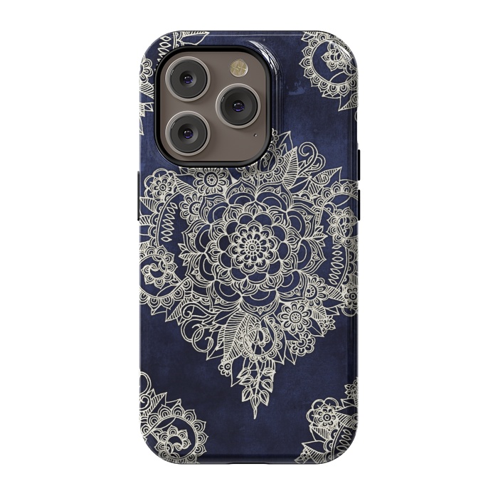 iPhone 14 Pro StrongFit Cream Floral Moroccan Pattern on Deep Indigo Ink by Micklyn Le Feuvre