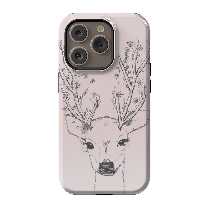 iPhone 14 Pro StrongFit Cute Handdrawn Floral Deer Antlers Pink by Girly Trend