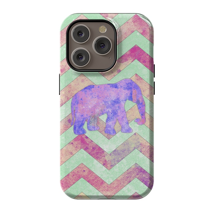 iPhone 14 Pro StrongFit Elephant Mint Green Chevron Pink Watercolor by Girly Trend