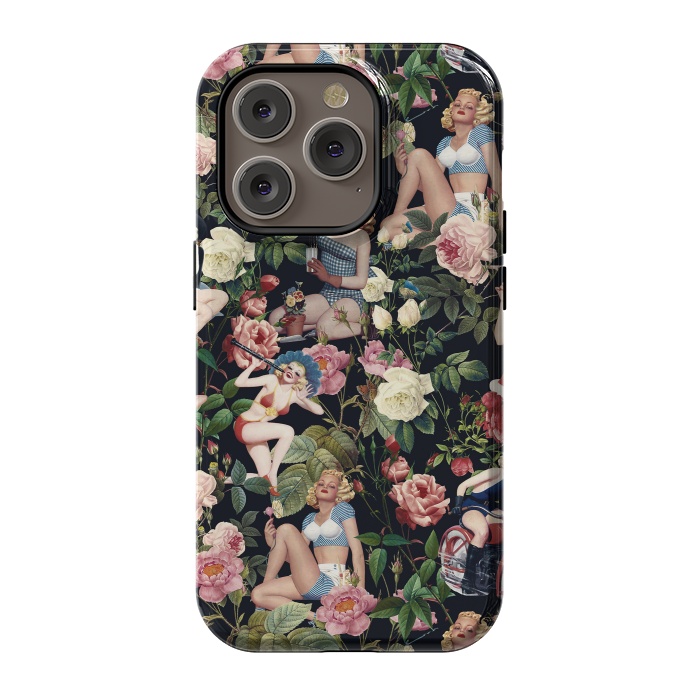 iPhone 14 Pro StrongFit Floral and Pin Up Girls Pattern by Burcu Korkmazyurek