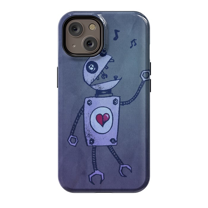 iPhone 14 StrongFit Blue Happy Cartoon Singing Robot by Boriana Giormova