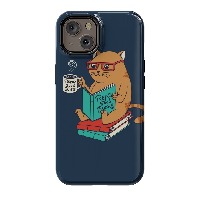 iPhone 14 StrongFit Cat drink good coffee read good books by Coffee Man