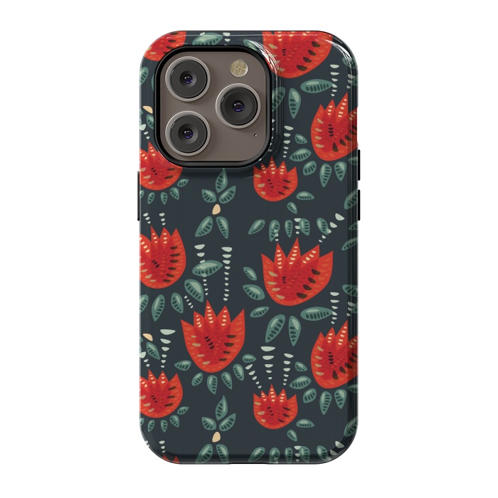 iPhone 14 Pro StrongFit Red Tulips Dark Floral Pattern by Boriana Giormova