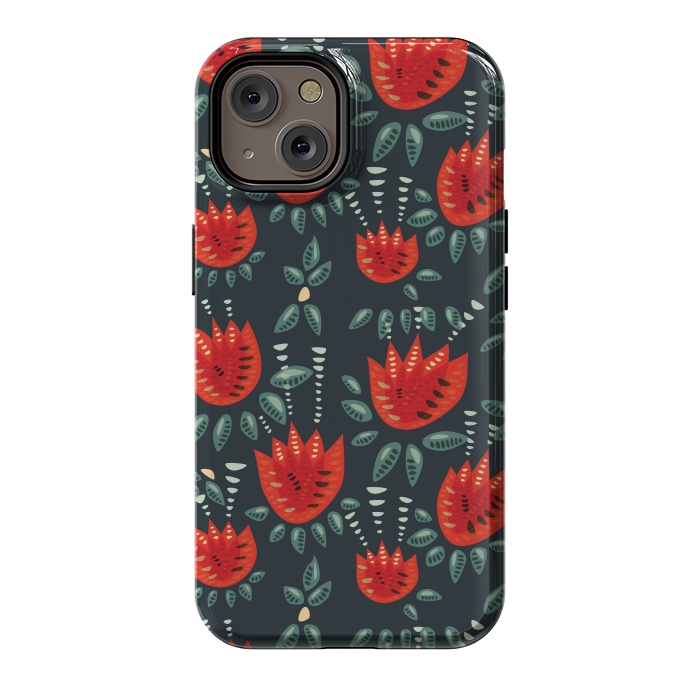 iPhone 14 StrongFit Red Tulips Dark Floral Pattern by Boriana Giormova