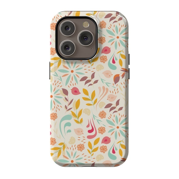 iPhone 14 Pro StrongFit Birds and Flowers Beige by Jelena Obradovic