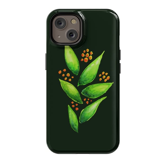 iPhone 14 StrongFit Abstract watercolor green plant with orange berries by Boriana Giormova