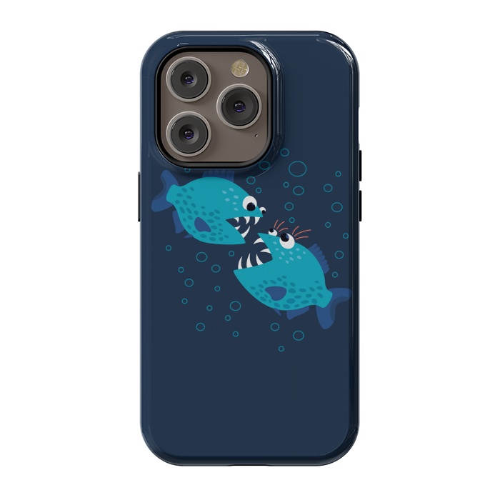 iPhone 14 Pro StrongFit Gossiping Blue Cartoon Piranha Fish by Boriana Giormova