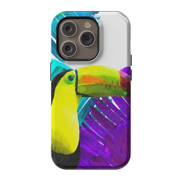 iPhone 14 Pro StrongFit Tropical Toucan Palm Leaves by Alemi