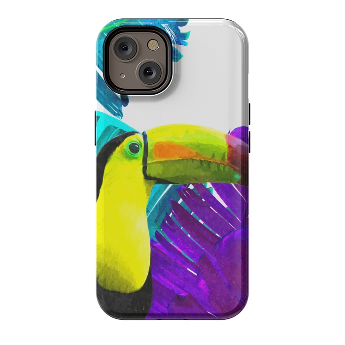 iPhone 14 StrongFit Tropical Toucan Palm Leaves by Alemi