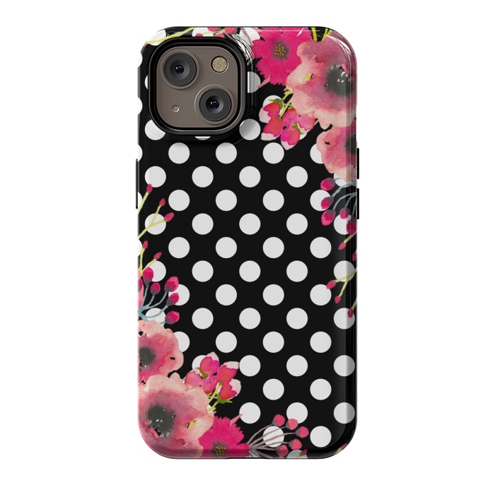 iPhone 14 StrongFit Black Polka Dots and Flowers by Alemi