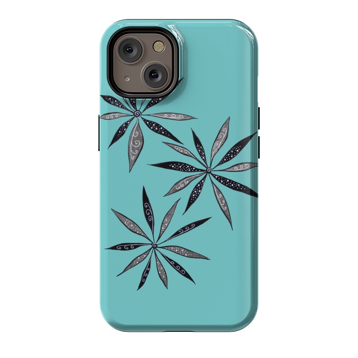 iPhone 14 StrongFit Elegant Thin Flowers With Dots And Swirls On Blue by Boriana Giormova