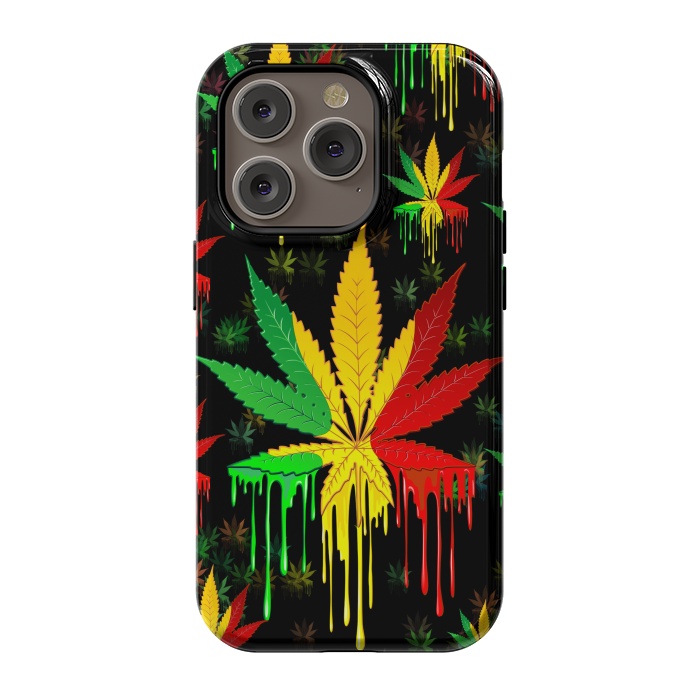 iPhone 14 Pro StrongFit Marijuana Leaf Rasta Colors Dripping Paint by BluedarkArt