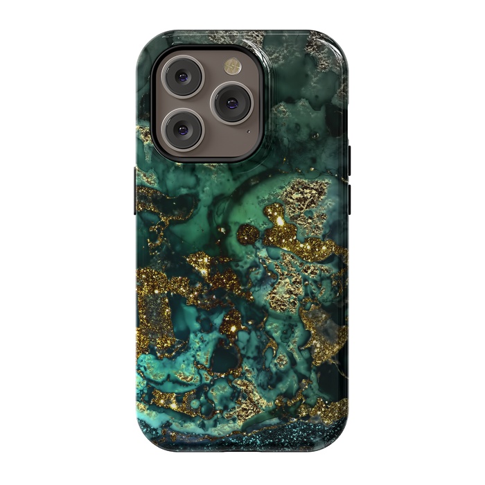 iPhone 14 Pro StrongFit Indigo Green and Gold Glitter Ink Marble by  Utart