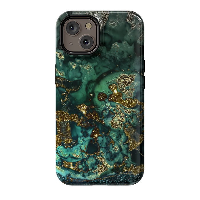 iPhone 14 StrongFit Indigo Green and Gold Glitter Ink Marble by  Utart