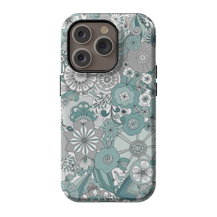 iPhone 14 Pro StrongFit Flowers, Flowers Everywhere Teal and Gray by Paula Ohreen