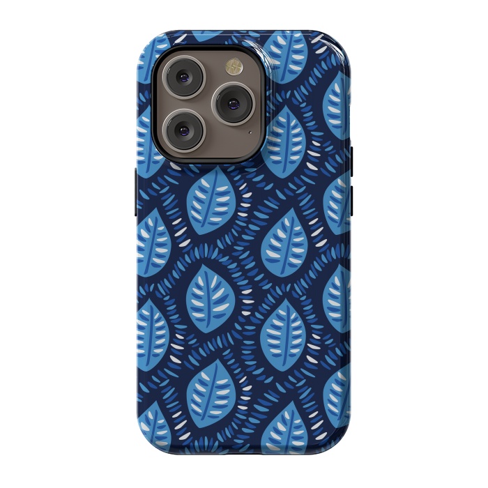 iPhone 14 Pro StrongFit Blue Decorative Geometric Leaves Pattern by Boriana Giormova
